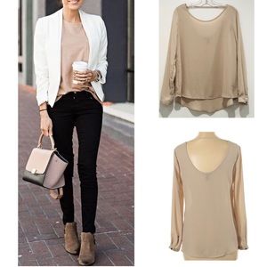 Forever 21 tan long sleeve open back blouse